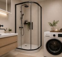Badezimmer in einer 2-Zimmer-Wohnung mit Waschmaschine, Duschkabine und Waschbecken.