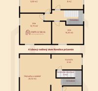 Grundriss eines Vierzimmer-Einfamilienhauses in Kendice mit einem Zimmer, einer Küche und einem Badezimmer.