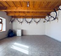 Ein Zimmer in einem Einfamilienhaus mit einer Holzdecke, Jagdtrophäen an der Wand.