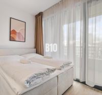 Schlafzimmer mit Bett, Nachttisch, Bild und durchsichtigen Vorhängen in einer Einzimmerwohnung.