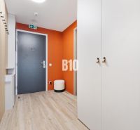 Eingangsbereich einer Einzimmerwohnung mit Holzboden und einer orangefarbenen Wand.