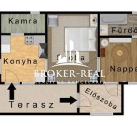 Grundriss eines Einfamilienhauses mit zwei Schlafzimmern, einer Küche und einer Terrasse.