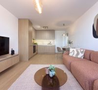 Wohnzimmer in einer 3-Zimmer-Wohnung mit Holzboden und hellen Möbeln.
