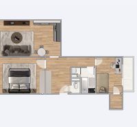 Grundriss einer 3-Zimmer-Wohnung mit Holzboden, enthält Küche und Badezimmer.