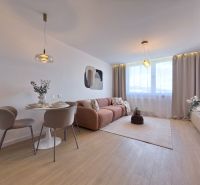Wohnzimmer mit Sofa, Esstisch und Holzboden in einer 3-Zimmer-Wohnung.