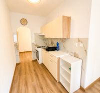 Eine schmale Küche in einer 3-Zimmer-Wohnung mit einem Holzboden und hellen Schränken.