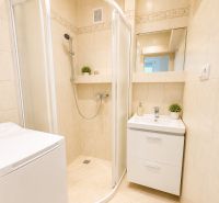 Badezimmer in einer 3-Zimmer-Wohnung mit Waschbecken, Duschkabine und Waschmaschine.