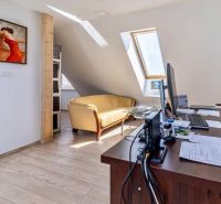 Büros mit Sofa, Bild an der Wand und Boden mit Holzdekor.