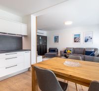 Küche und Wohnzimmer in einem Einfamilienhaus mit einer Arbeitsplatte aus Verbundwerkstoff und einem Boden mit Holzdekor.