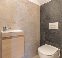 Badezimmer in einem Einfamilienhaus mit Toilette und Holzschrank unter dem Waschbecken.