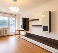 Ein Zimmer in einer 3-Zimmer-Wohnung mit einem Boden in Holzoptik und eingebauten Regalen.