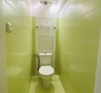 Ein schmales Badezimmer mit hellgrünen Fliesen und einer Toilette in einer 3-Zimmer-Wohnung.
