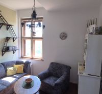 Wohnzimmer in einer Zweizimmerwohnung mit einem bequemen Sofa und Wanddekorationen.
