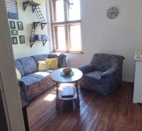Wohnzimmer in einer 2-Zimmer-Wohnung mit Holzboden und bequemer Couch.