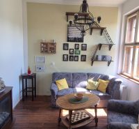 Wohnzimmer in einer 2-Zimmer-Wohnung mit Sofa, Dekorationen und Boden in Holzoptik.