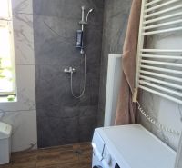 Badezimmer in einer 2-Zimmer-Wohnung mit Waschmaschine, Dusche und Boden mit Holzdekor.