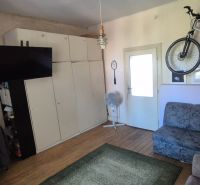 Wohnzimmer einer 2-Zimmer-Wohnung mit Sofa, Fernseher und Fahrrad an der Wand.