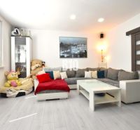 Wohnzimmer in einer 3-Zimmer-Wohnung mit Sofa, dekorativen Kissen und Boden in Holzoptik.