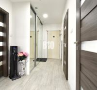 Flur mit einem Spiegelschrank und einem Boden in Holzoptik in einer 3-Zimmer-Wohnung.