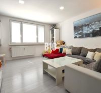 Wohnzimmer in einer 3-Zimmer-Wohnung mit Holzboden und großem Sofa.