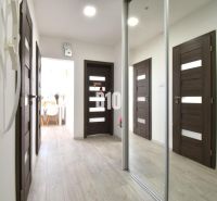 Flur in einer 3-Zimmer-Wohnung mit einem Spiegelschrank und einem Boden in Holzoptik.