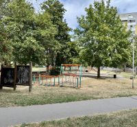 Ein Kinderspielplatz, umgeben von Bäumen, im Park der Stadt Topoľčany, in der Nähe einer Einzimmerwohnung.
