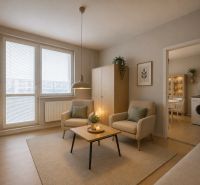 Wohnzimmer mit Holzboden, Möbeln und Pflanzen in einer Einzimmerwohnung.
