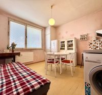 Küche in einer Einzimmerwohnung mit Tisch, Stühlen, Kühlschrank und dekorativen Elementen.