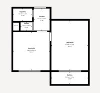 Grundriss einer Einzimmerwohnung mit Wohnzimmer, Küche, Badezimmer, Toilette und Balkon.