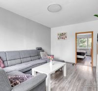 Wohnzimmer mit Ecksofa und Holzboden in einer Zweizimmerwohnung.