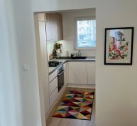 Kleine Küche mit buntem Teppich und Holzboden in einer 3-Zimmer-Wohnung.