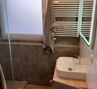Badezimmer in einer 3-Zimmer-Wohnung mit Waschbecken, Dusche und Handtuchheizkörper.