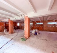 Geräumige Geschäftsräume mit Betonwänden und -boden, bereit für die Renovierung.