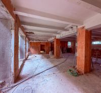 Gewerbeflächen im Bau mit freiliegenden Wänden und Säulen, rohe Betonoberfläche.
