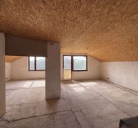 Dachbodenraum in einem Einfamilienhaus mit großen Fenstern und Aussicht.