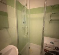 Badezimmer in einem Einzimmerapartment mit Duschkabine, Waschmaschine und Waschbecken mit Keramikfliesen.