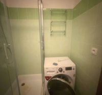 Badezimmer in einem Einzimmerapartment mit Duschkabine und Waschmaschine, grüne Fliesen.