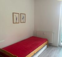 Einzimmerwohnung mit Bett, roter Decke und Boden in Holzoptik.