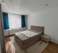 Helles Schlafzimmer in einer 3-Zimmer-Wohnung mit Holzboden und blauen Vorhängen.