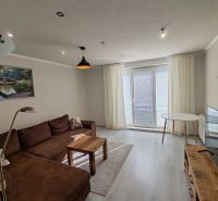 Wohnzimmer in einer 3-Zimmer-Wohnung mit Holzboden und braunem Sofa.