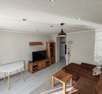 Wohnzimmer in einer 3-Zimmer-Wohnung mit Sofa und Holzmöbeldekor.