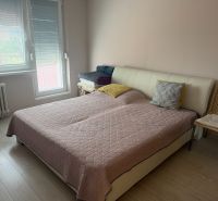 Schlafzimmer mit Bett, Holzboden-Dekor und Sessel in einer 2-Zimmer-Wohnung.