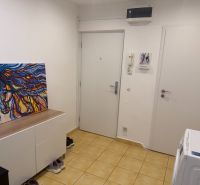 Heller Flur in einer 2-Zimmer-Wohnung mit einem bunten Bild auf der Kommode.