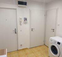 Eingangsflur in einer Zweizimmerwohnung mit gelben Fliesen und Waschmaschine.