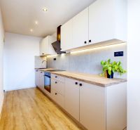Küche in einer 3-Zimmer-Wohnung mit Küchenzeile, Boden in Holzoptik und Beleuchtung.