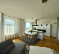 Wohnzimmer einer 3-Zimmer-Wohnung mit Holzboden und Kochnische.