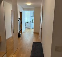 Flur mit Holzboden und Spiegel in einer 3-Zimmer-Wohnung.