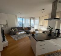 Wohnzimmer mit Küche, Boden mit Holzdekor, helle Vorhänge, 3-Zimmer-Wohnung.