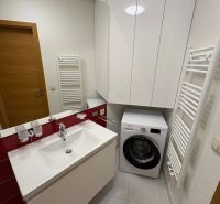Badezimmer in einer 3-Zimmer-Wohnung mit Waschmaschine, Waschbecken und Stauraum.