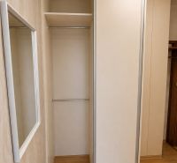 Einbauschrank mit Schiebetüren und Boden in Holzoptik in einer 2-Zimmer-Wohnung.